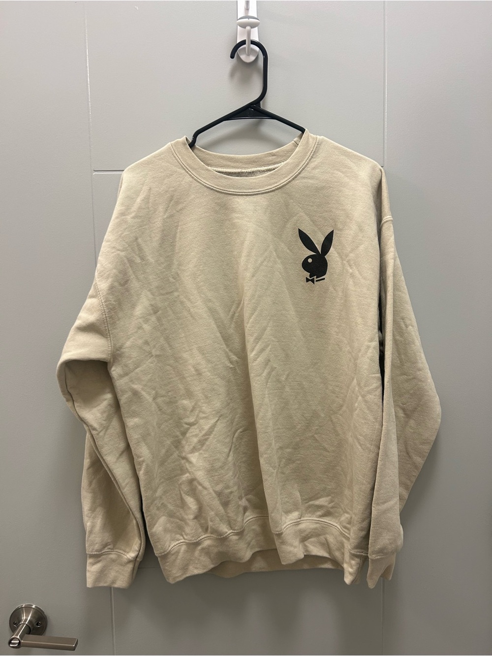 Playboy Bunny Logo Crewneck Sweatshirt Size L Fleece Beige Graphic Streetwear